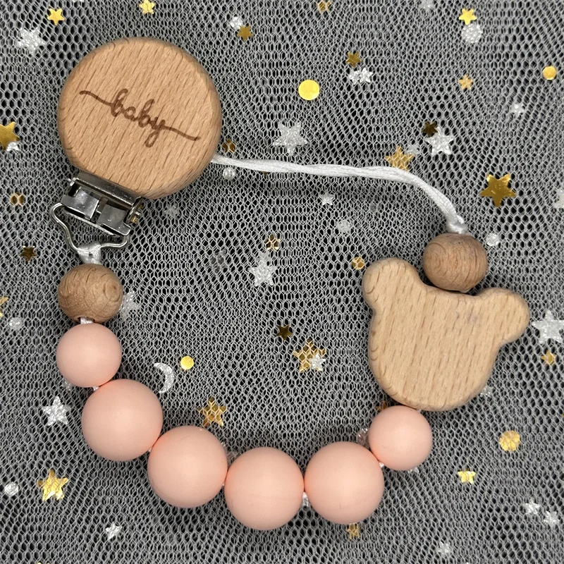 Custom Baby Pacifier Chain Clips Wooden Personalized Teether Silicone Round Beads Teething Chain for Care Soother Chew Toys Gift