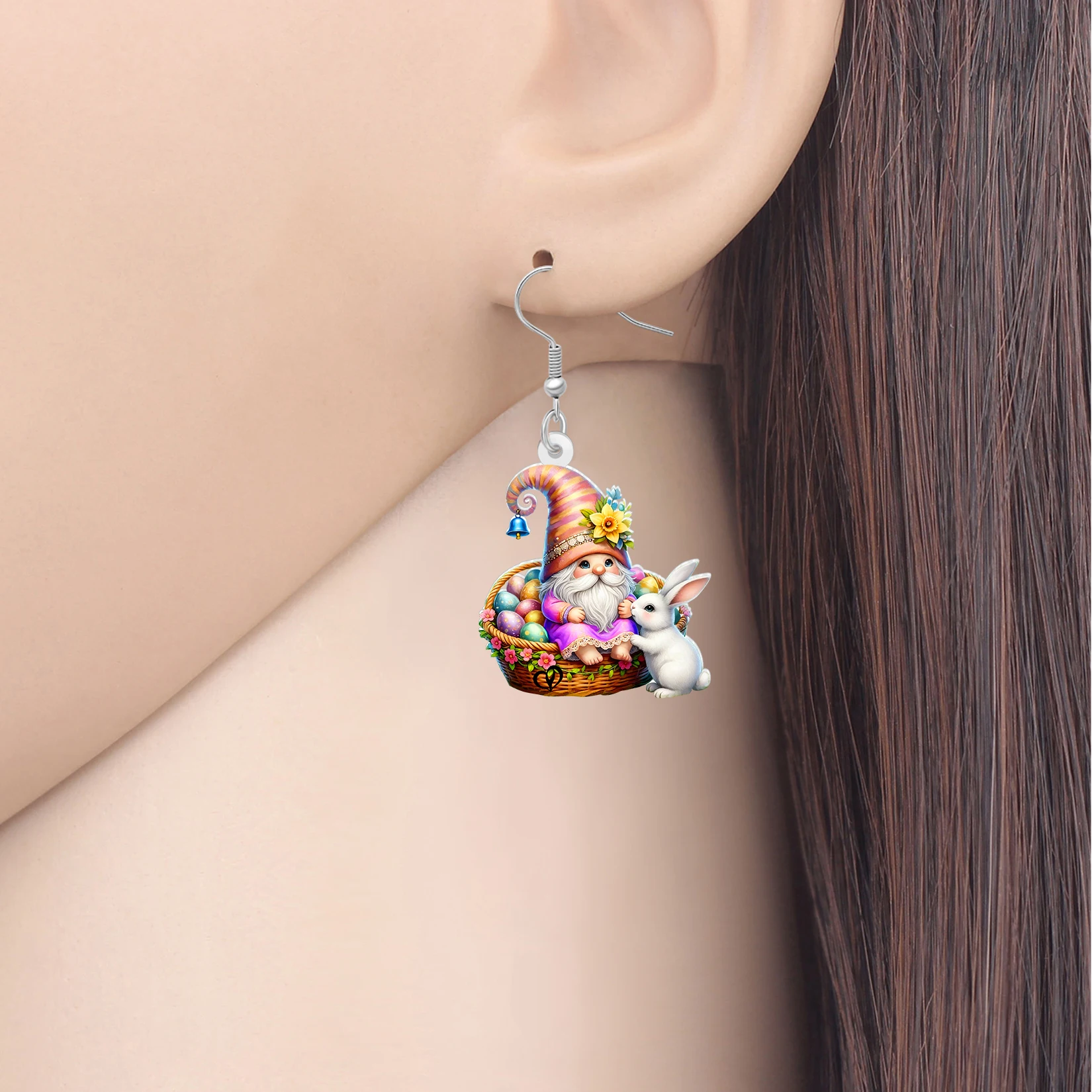 BONSNY Acrylic Easter Eggs Basket Gnomes Dangle Earrings Kawaii Rabbit Garden Gnome Jewelry Spring Gifts For Women Girls Charms