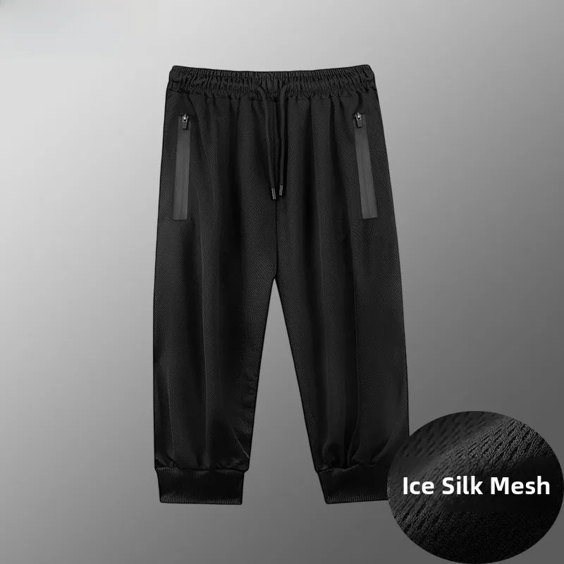 

plus Size Ice Silk Elastic Sports Pants Men Summer Me Qui Dry Casual Thin Footed Air Conditioning Pants Loose Fit Basic Mass