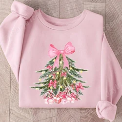 Classic Christmas Tree Print Crew Neck Long Sleeve Sweatshirt, Pink Coquette Bow Sweatshirts, Xmas Sweatshirts For Women