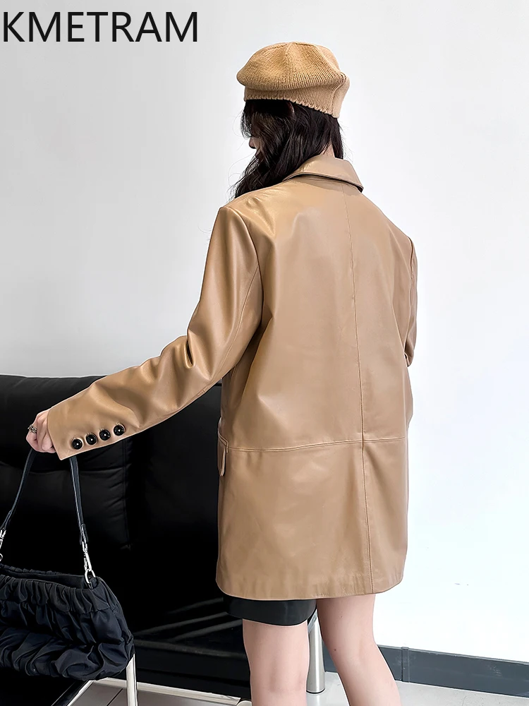 シープスキンジャケット100%トップレイヤー、レディースルーズミドル丈本革スーツジャケット、アウターウェア新作、2025年秋婦人服