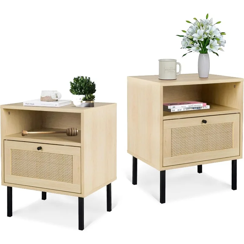 Rattan End Table Set of 2, Nightstand with Open Storage Shelves and Drawer, Wood Small Sofa Table Accent Side Table Storage