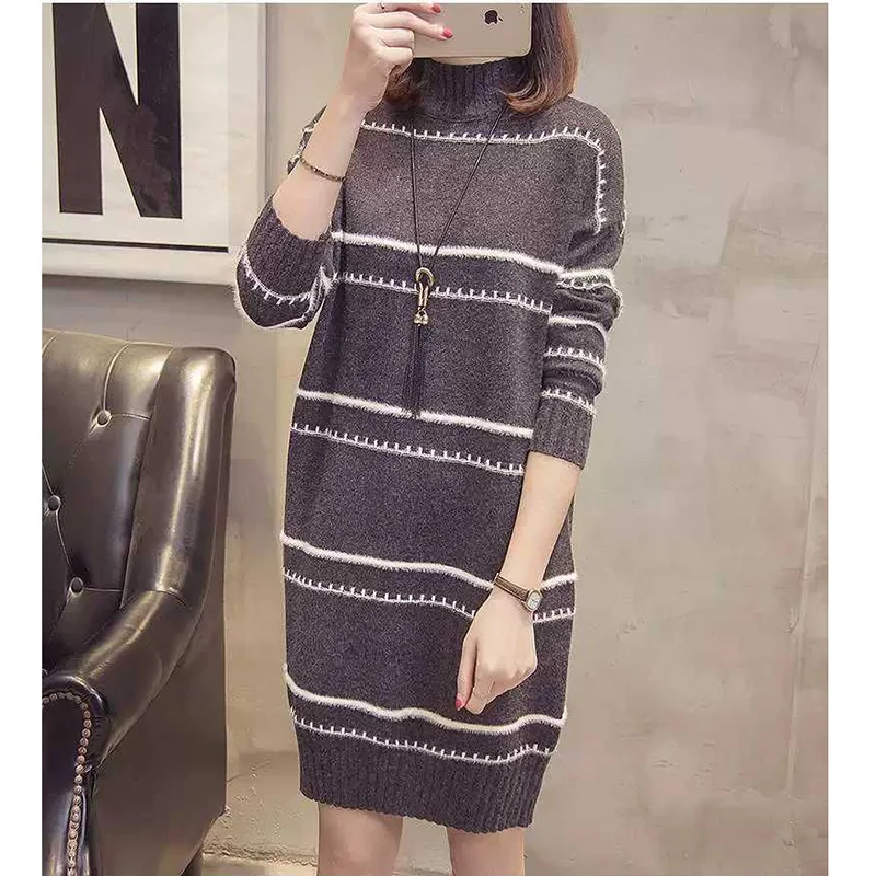 Fashion Knitted Spliced Loose Striped Casual Dresses Female Clothing 2023 Autumn New Long Sleeve Mini Dress