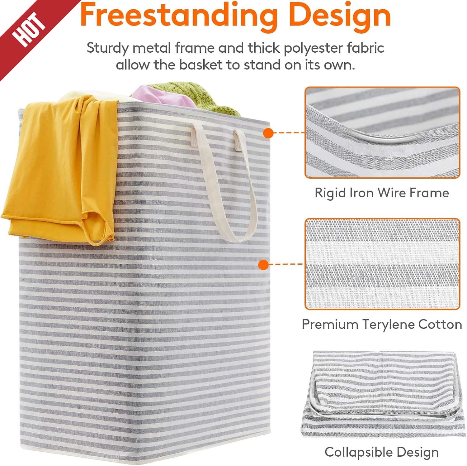 3 Pack Laundry Hamper Large Collapsible Laundry Baskets, Freestanding Waterproof Clothes Hamper, Gray, 3 x 125L