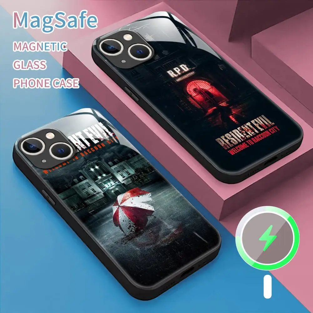 Coque de téléphone magnétique en verre avec parapluie, coque de téléphone pour iPhone 15, 14, 13, 12, 11, X, Poly XS, XS MAX, 8, 7 Plus, Mini, Pro Max, Résident, Evil