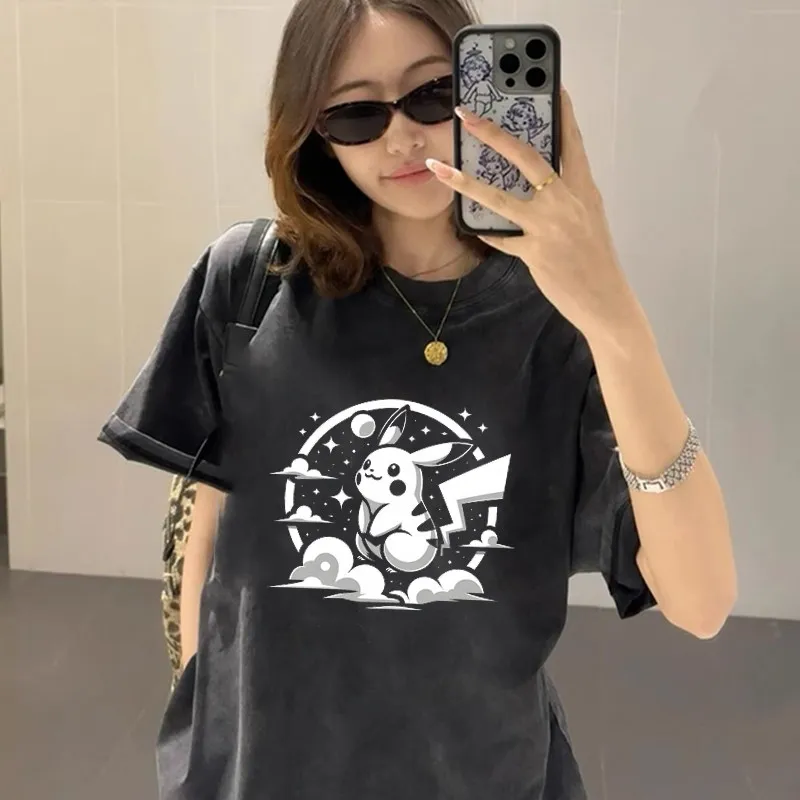 

Pokémon Collaboration Gengar Pikachu T-shirt Men Women 2026 Summer Pure Cotton Vintage Washed Short-sleeved Tee Oversize Top