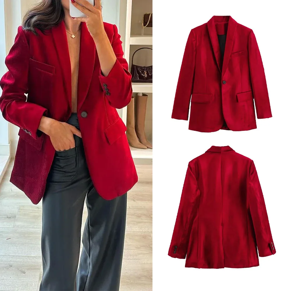 PRINTKAOIR Vintage Chic Velluto Rosso Blazer oversize Donna Manica lunga Tasche con scollo a V Giacche Moda 2024 Office Lady Outwears