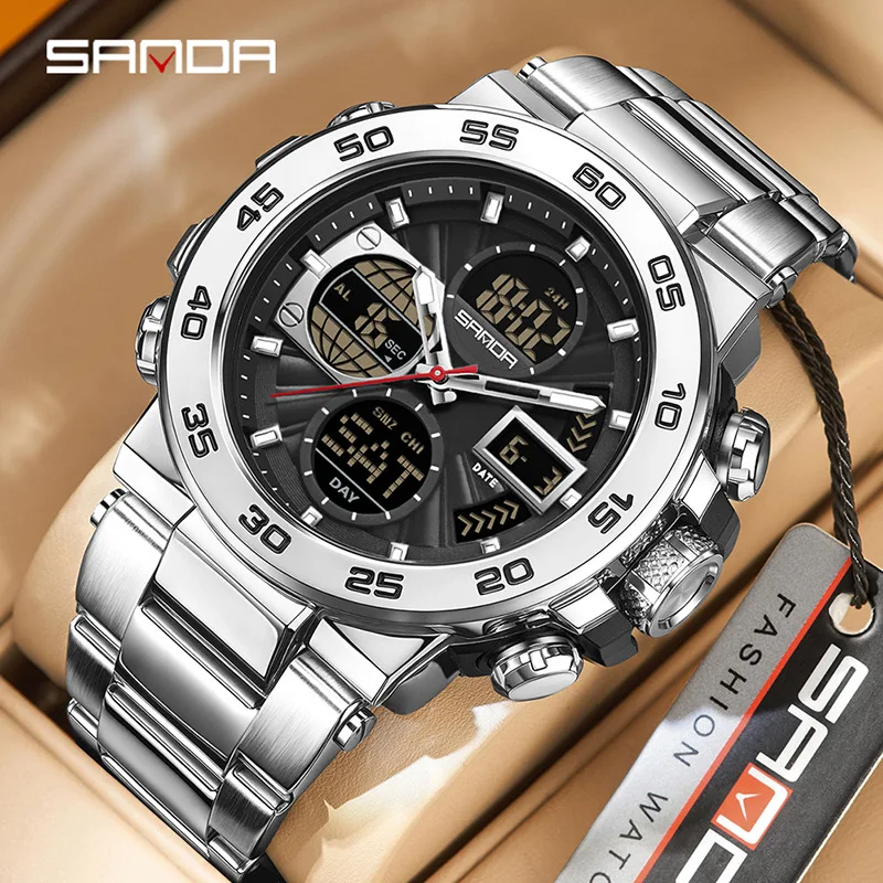 SANDA 6312 New Steel Strip Sports Watch Dual Display Dual Movement 5ATM Waterproof Multi functional Men's Electronic Watch