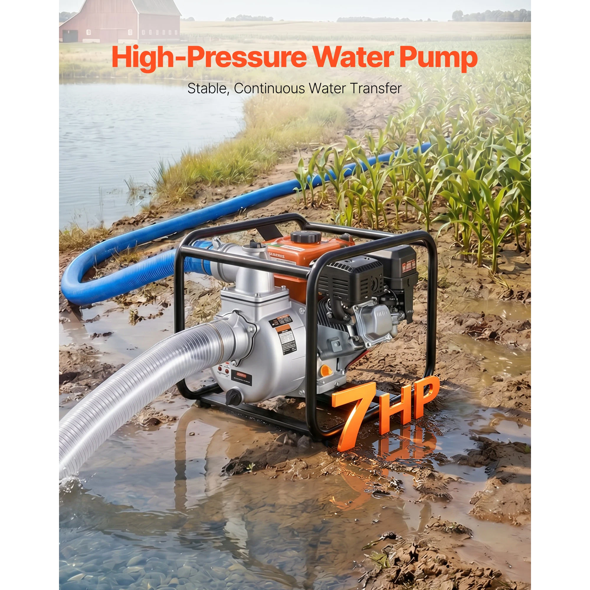 SucceBuy Gas Powered Water Pump 3in 242GPM 7HP Semi Trash Water Transfer Pump Gasoline Engine with 25ft Discharge Hose for Ponds