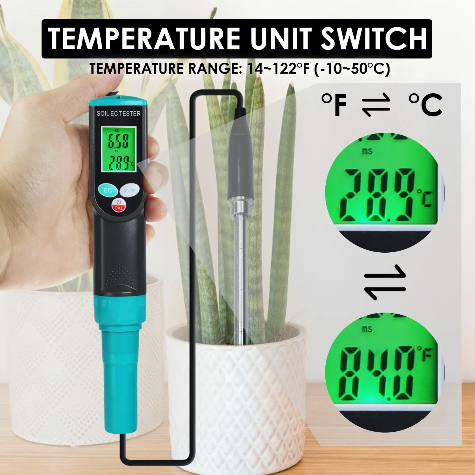 Soil EC Tester, Waterproof Sensor Earth Analyzer for Planting Garden, Digital EC/Temp Soil Tester 0～4.00mS/cm Conductivity Meter