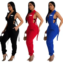 Custom LOGO New Four Seasons Universal Women's Clothing Side Button Long Zipper Multi-Pocket Fashion Jumpsuit