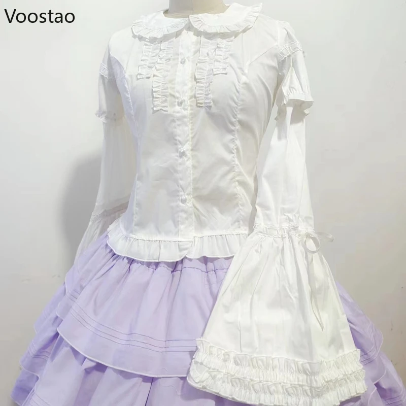 Victorian Gothic Lolita Shirts Women Sweet Elegant Detachable Long Sleeves Blouses Japanese Vinatge Peter Pan Collar Slim Tops