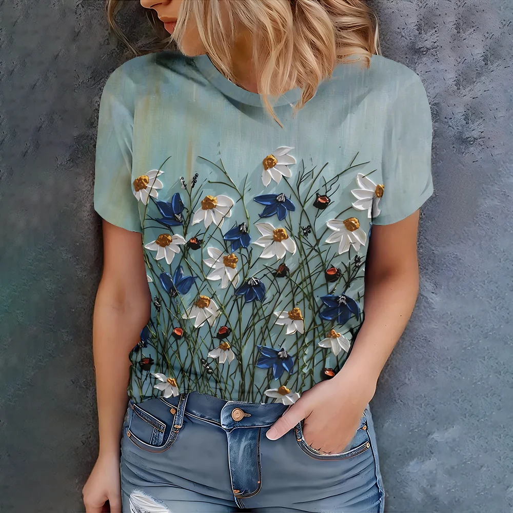 

Light Green Hand-painted Floral Print Women's T-shirt - Casual Art Style Summer Round Neck Short Sleeve