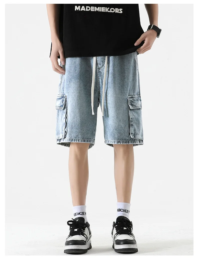 American Style Multi-Pocket Workwear Denim Shorts Men's Elasticated Drawstring Waist Loose Straight Leg Five Pants