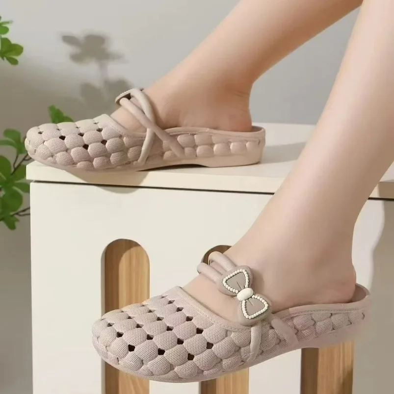 Woven Home Slippers Woman Cloud Bow Slides Outdoor Summer Sandal Ladies House Shoe Flat Female Flip Flop Platform Clapper Beach view 2