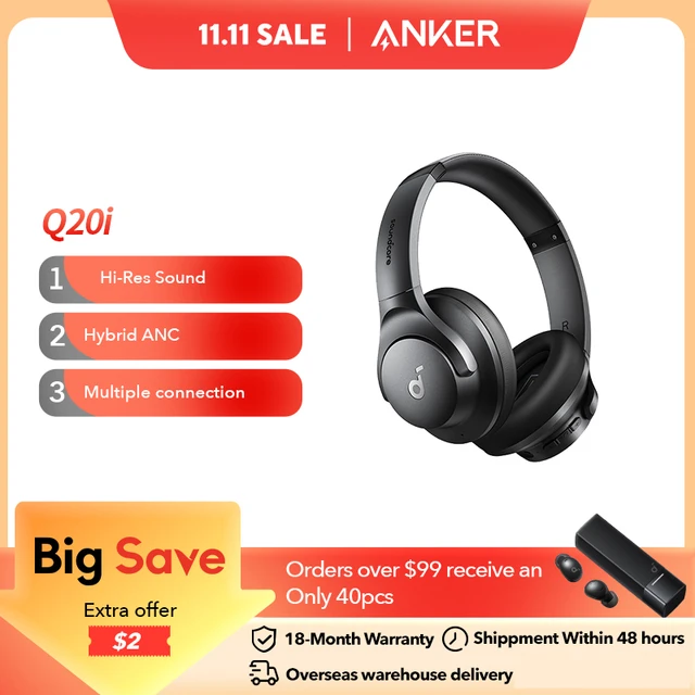 soundcore by Anker Q20i Hybrid Active Noise Cancelling Headphones Wireless Over Ear Bluetooth 40H Long ANC Playtime
