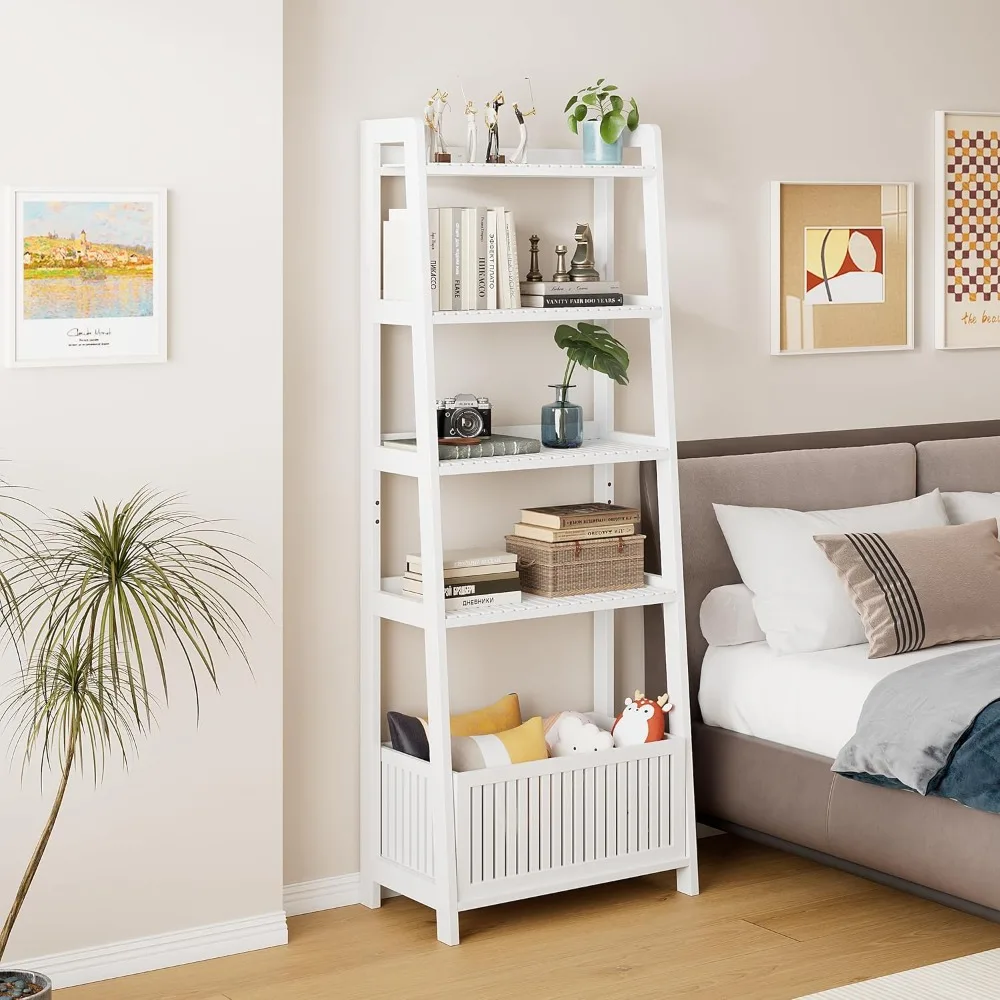 

Bamboo White Bookshelf with Slatted Basket, Ladder Bookcase with 4 Display Shelves and 1 Open Storage Basket