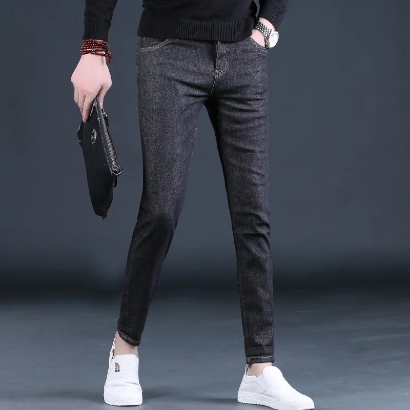 Autumn Men Black Jeans Casual Slim Fit Straight Leg Pants Streetwear Fashion Pure Color Cotton Denim Trousers CP2106