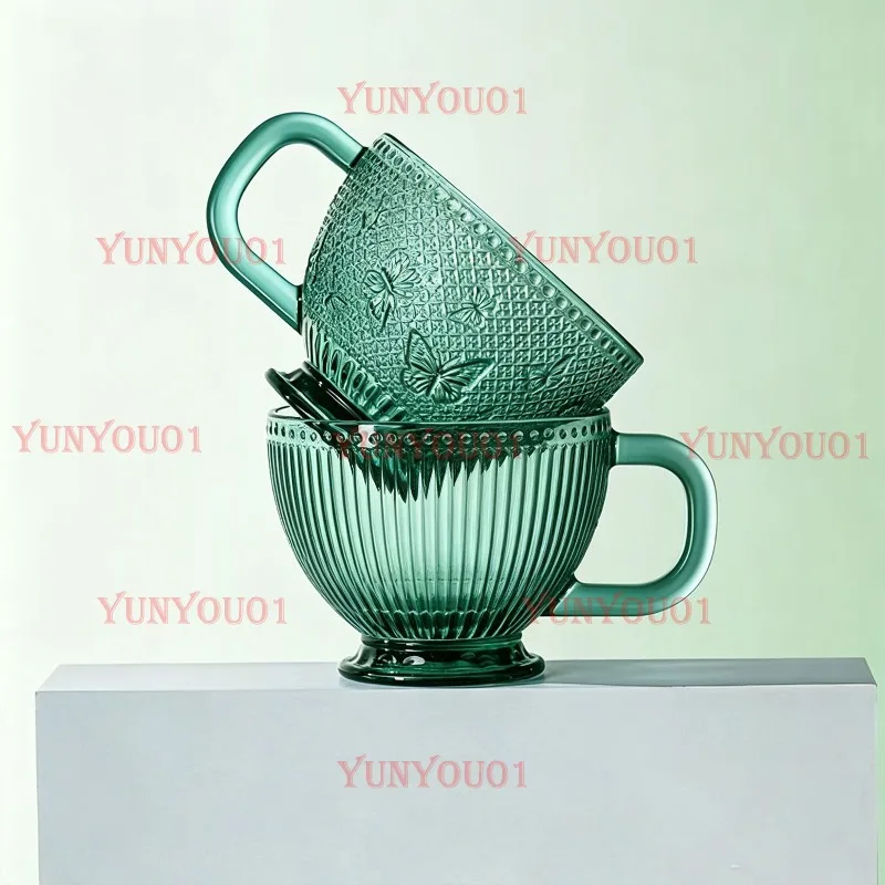 High Value Dark Green Butterfly Milk Cup Retro Relief Glass