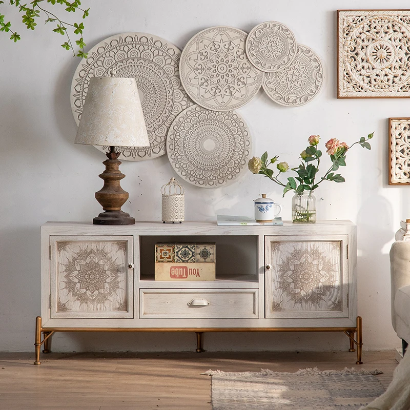 

American light luxury living room TV cabinet retro white locker solid wood door hall integrated cabinet