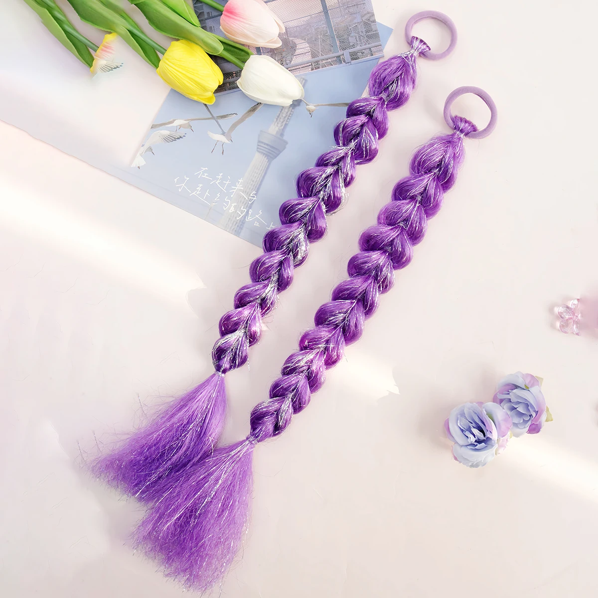 Anime-style fluffy purple heart-shaped braids, sweet and cute synthetic hair braids with shimmery fine fibers