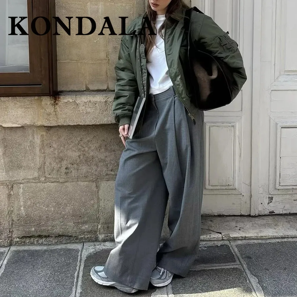 KONDALA Chic 2025, Herbst Winter Frauen Motorrad-stil Jacke Zipper Tasche Lose Warme Grüne Mäntel Mode Lässig Weiblichen Outwear