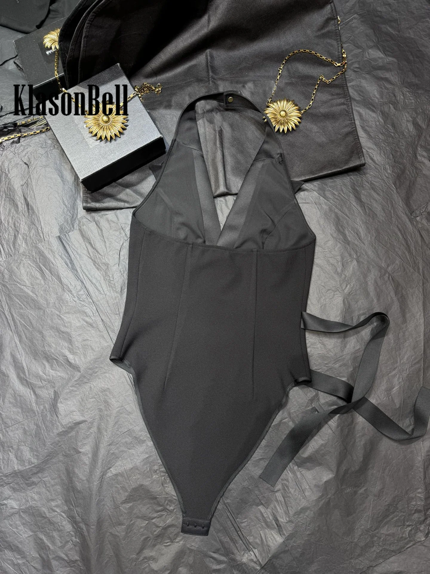 6.21 KlasonBell Women Lapel V-Neck Swimsuit 2024 Summer New Black Stretch Slim Bandage Bow Sexy Girl Backless Halter Swimwears