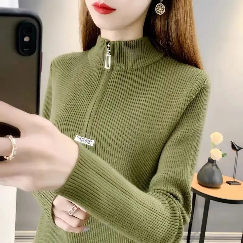 Autumn and Winter Women's Solid Color Half High Neck Long Sleeve Knitted Pullover Zipper Loose Plus Size Fashion Casual Tops