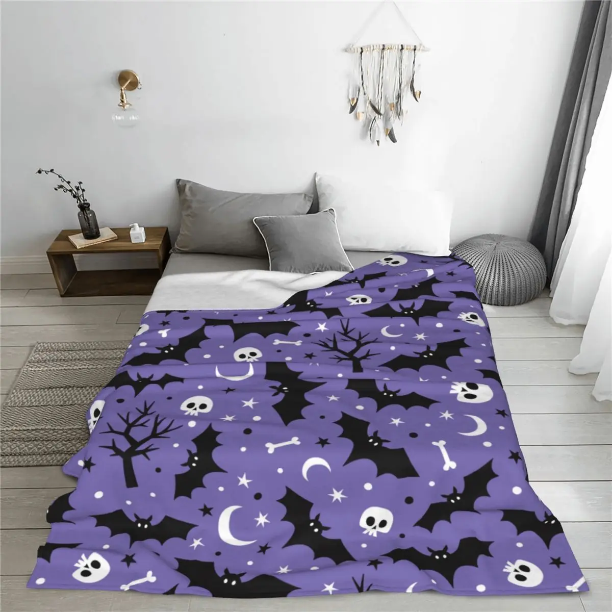 Bat Moon Skull Tree Blanket Cover Halloween Party Cartoon Flannel Throw Blanket Bedding Couch Portable Soft Warm Bedsprea