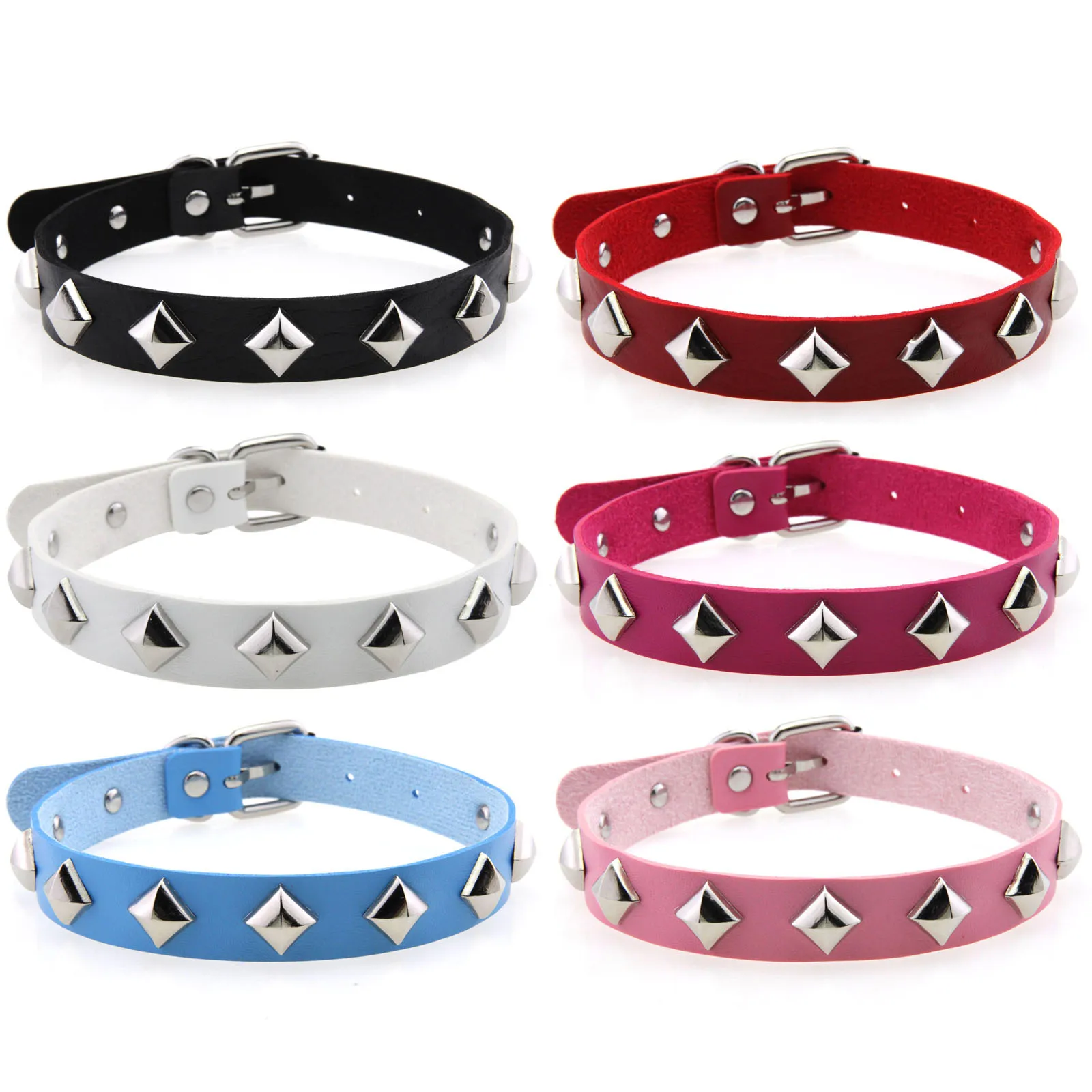 Punk Gothic Harajuku Simple Popular Creativity Rhombus Rivets Multicolored Leather Alloy Necklace