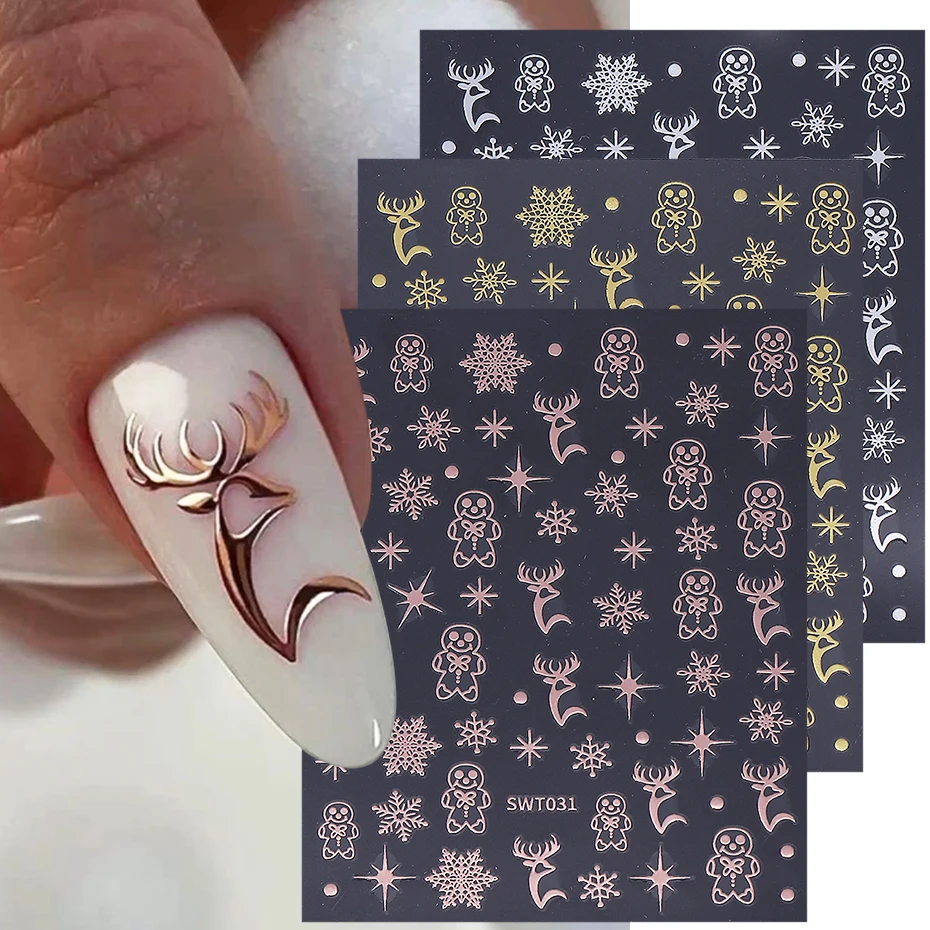 3pcs Kerst Nagelstickers Rose Goud Zilver Sneeuwvlokken Rendier Peperkoek zelfklevende Decals Manicure Decoratie Slider