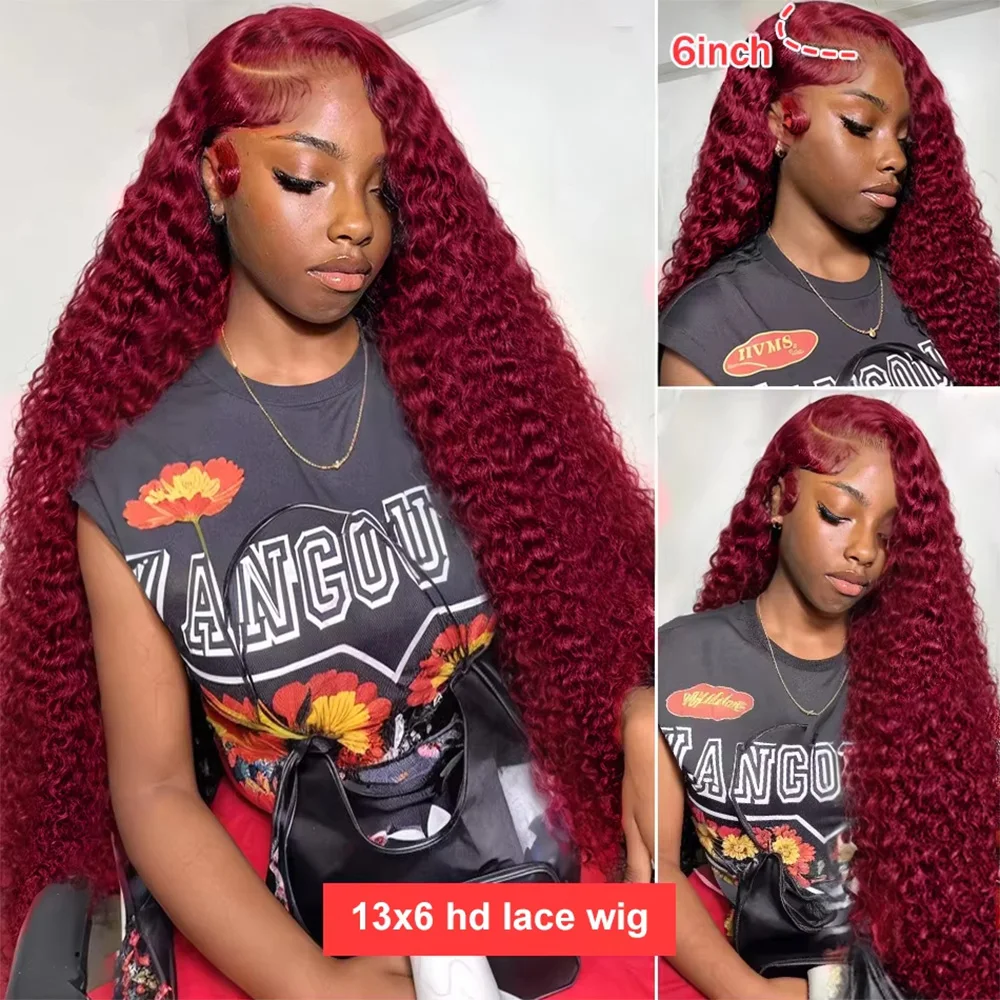 18 40 Inch 99J Burgundy 13x4 Lace Front Wigs Deep Wave 200% Density Brazilian Pre Plucked 13x6 Hd Transparent Lace Frontal Wig Colored Curly Human Hair For Women