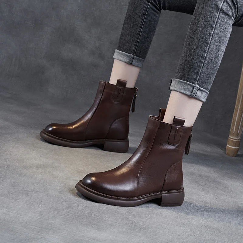 DRKANOL Autumn Winter Warm Mid Calf Boots Women Genuine Cow Leather Thick Heel Casual Chelsea Boots Back Zipper Chimney Boots