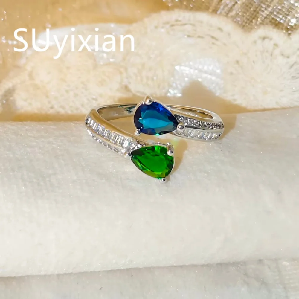 925 Sterling Silver Fashion Personality Premium Blue-Green Zircon Ring Birthday Party Anniversary Gift Women's Jewelry