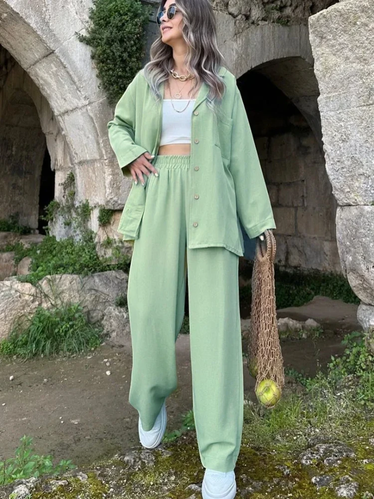 

Eid Muslim Women Two Piece Sets 2024 Turn Down Collar Shirts Single Breasted Full Sleeve Loose Casual Long Wide Leg Pants Set