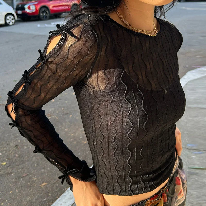 E-girl القوس تقليم قطع المحاصيل القمم الكورية Kawaii سليم صالح تي شيرت Coquette شير انظر من خلال البلوزات تيز سايبر الجرونج الملابس #5