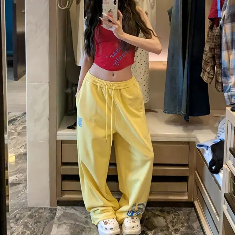 QWEEK Baggy America Style Yellow Sweatpants Woman Hip Hop Casual Sports Wide Leg Pants Korean Y2k Jogging Streetwear Trousers