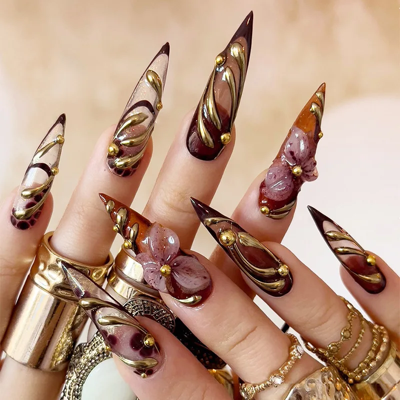 

24PCS Light Luxury Burgundy Flower 3D Press on Acrylic Nails Stiletto European American Cool Fake Nails Golden Lines False Nails