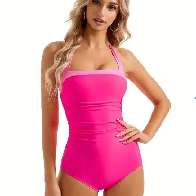 Woman Swimsuit Tummy Control Backless Bathing Suit Halter Neck Monokini High Cut Legs Pink Swimsuit Swimwear Tankini Ruched