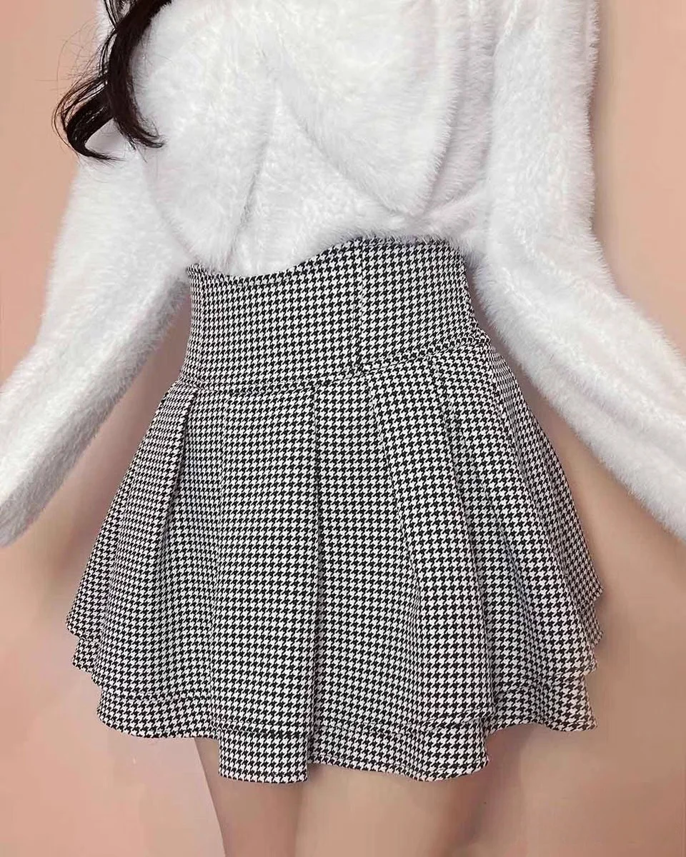 Super Popularity Macaron Plaid Half Skirt Sweet Slimming Production Model High Waist A-Line Pleated Skirt for Young Women
