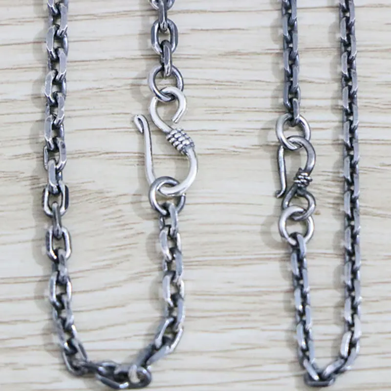 

Men's and Women's Thai Silver Black Necklace Handmade 925 Sterling Silver Too Corner Chain Made of Old Motorcycle Style Long Swe