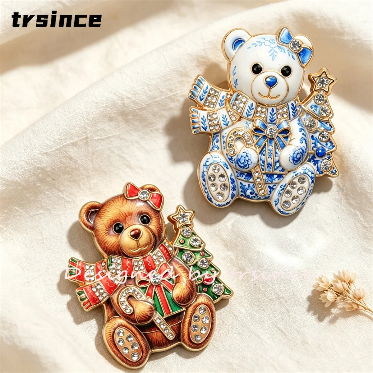 Vintage Christmas Teddy Bear Brooch Rhinestone Enamel Lapel Pin Cute Bear Xmas Tree Candy Cane Brooch Women Suit Accessories