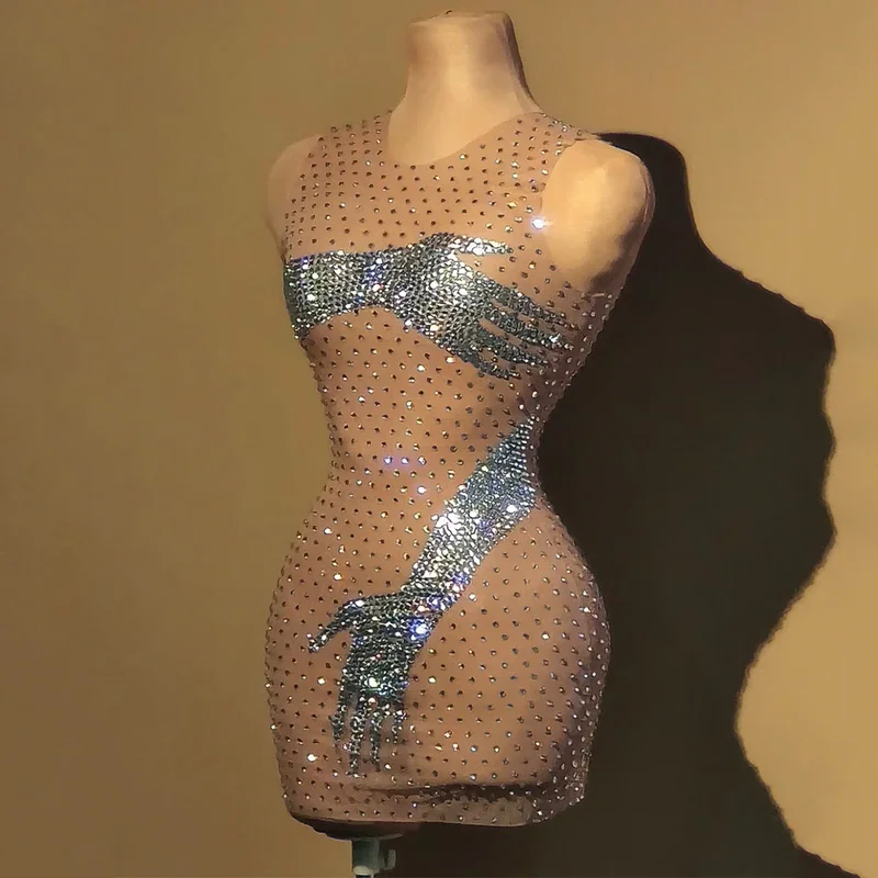 Strass brillants robe femmes robes de soirée Sexy pôle danse robe Gogo Costume Dj Ds scène Rave tenue Clubwear XS7367