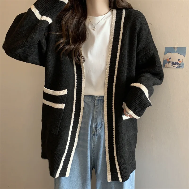 Varsity Cardigan Long Sleeve V-Neck Open-Front Sweaters Knit Jacket for Women Preppy Style