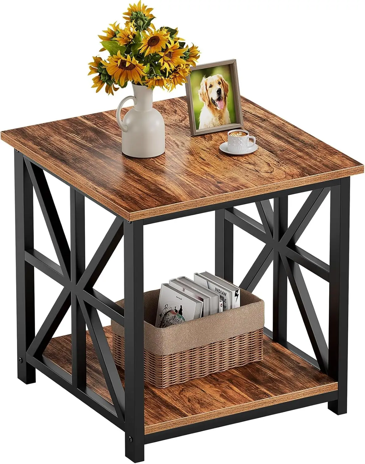 

End Table with 2-Tier Storage Shelf, 24 inch Large Side Table for Living Room, Modern Nightstand for Bedroom Bedside Office