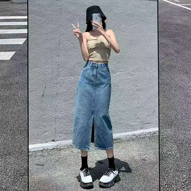 Retro koreańska luźna spódnica jeansowa midi damska, prosty krój A, letnia, nowa, codzienna, odporna na zużycie, z wysokim stanem i rozcięciem z przodu.