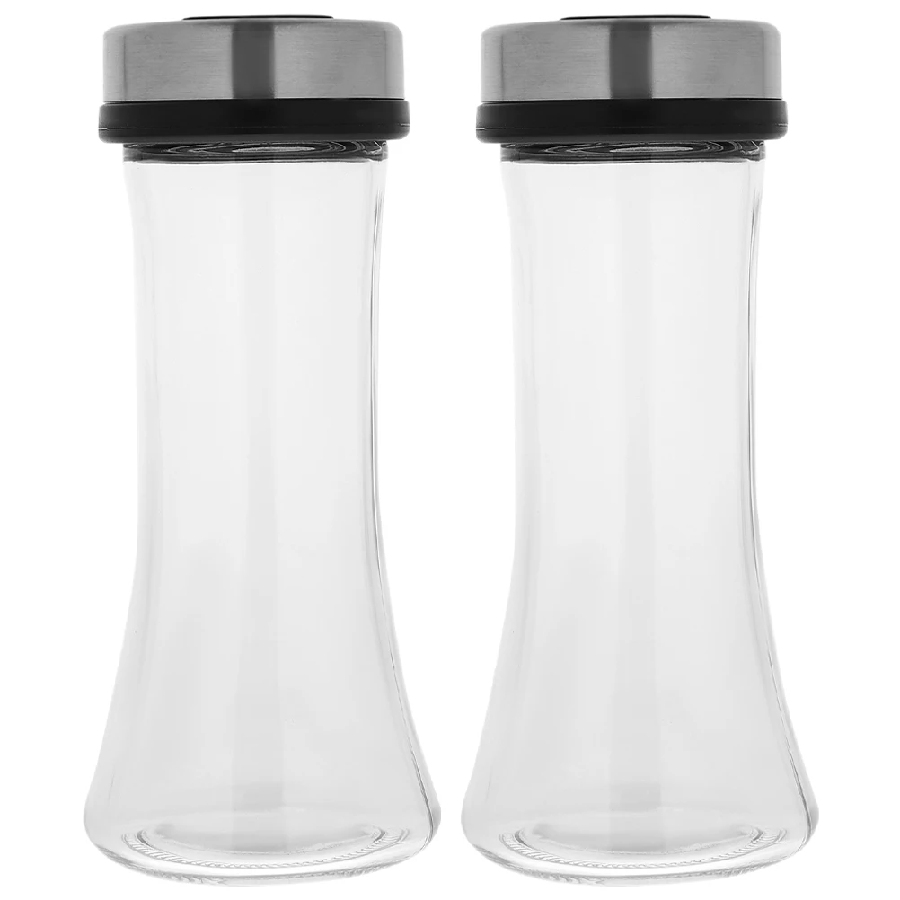 

2Pcs Stainless Steel Salt Shaker Multi-Function Seasoning Dispenser Adjustable Pour Hole Glass Kitchen Salt Pepper Container