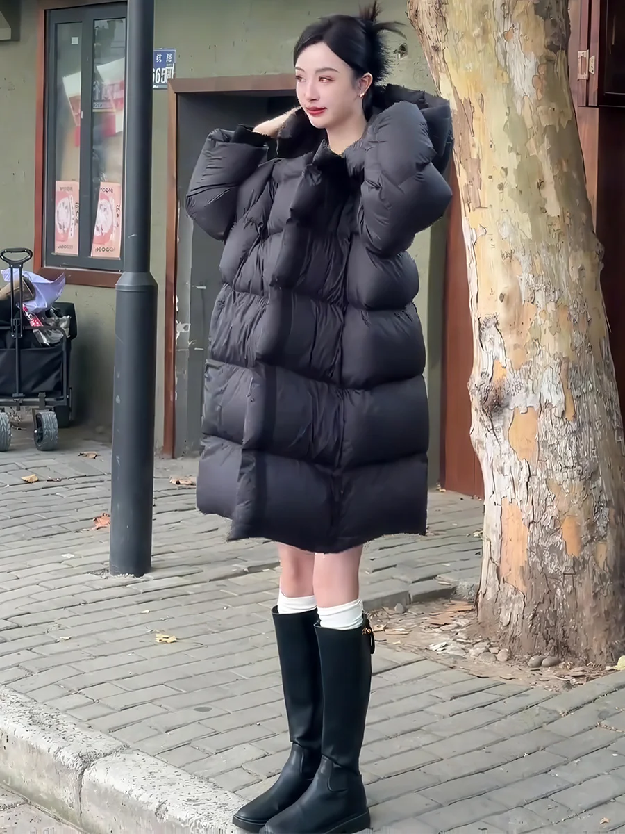 Mujer Bla con capucha de longitud media Puffer Jaet Thi cálido pan suelto Sle abrigo Casual Sle blanco Du abajo abrigo de invierno