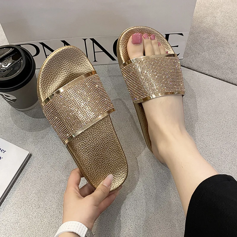 Flash Diamond Slippers PU Bright Metallic Flip Flops Women\'s Casual Shoes PV Good Craft Thick Sole Rhinestone Slippers JX1022-1