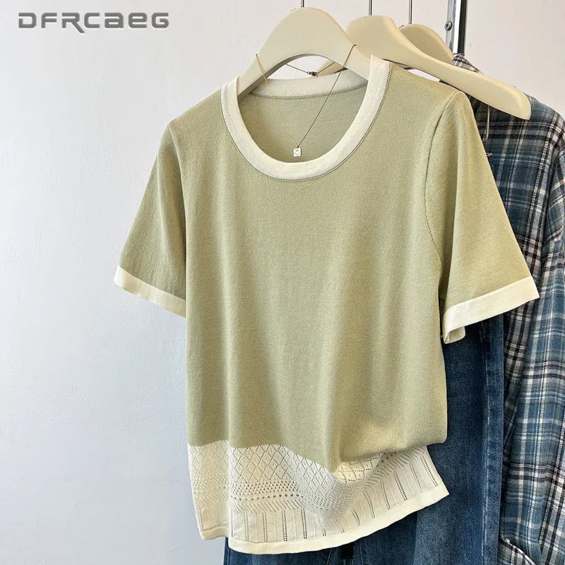 

Patchwork Thin Women's Knitted Pullover Top Summer High Stretch Loose Short Sleeve T Shirt Clothing